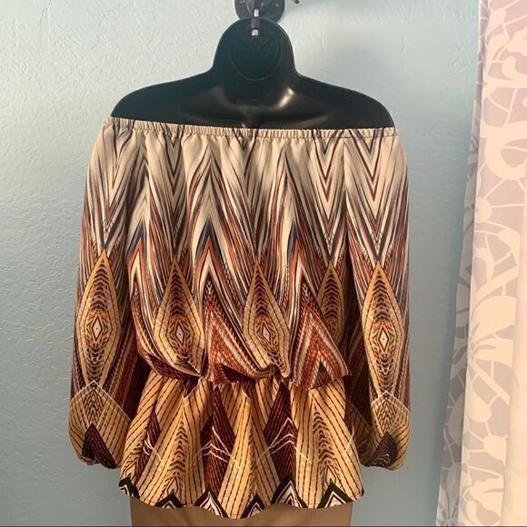 Fashion Nova Brown & Yellow Boho Chevron Print Off Shoulder Blouse Size Small - Picture 5 of 10
